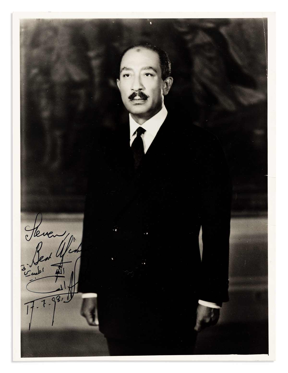 SADAT, ANWAR. Photograph Signed and Inscribed, Steven / Best Wishes / ASadat, in English and again in Arabic,